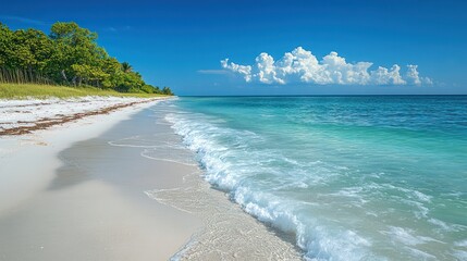 Fototapeta premium Serene coastal view featuring pristine beach, turquoise waters, and cloudy skies