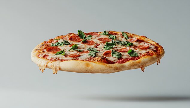 Delicious Pepperoni Pizza with Basil on a White Background A perfect food image for menus websites or recipe books