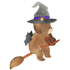 Cute Bear in Witch Costume Flying on Broom Watercolor Illustration