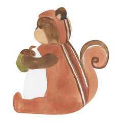 Cute Bear in Squirrel Costume Holding Acorn Watercolor Illustration