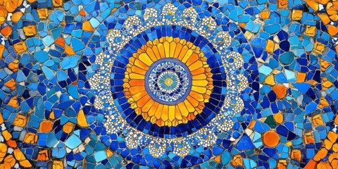 Colorful mosaic featuring circular pattern and vibrant hues of blue
