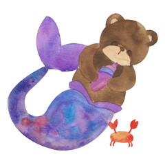 Cute Mermaid Bear Holding Shell Watercolor Illustration