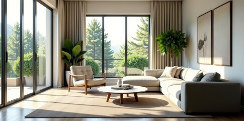 Fototapeta premium Modern living room with large windows and stylish decor, house, contemporary