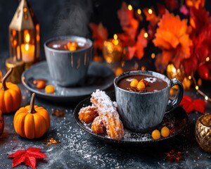 Warm Churros and Hot Chocolate in Cozy Autumn Setting with Pumpkins and Leaves