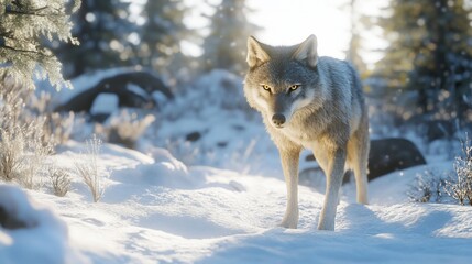 Naklejka premium Captivating gray wolf portrait in pristine winter wilderness setting