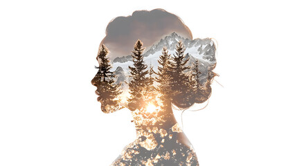 Woman's Inner World: A captivating silhouette of a woman is overlaid with an inspiring landscape, featuring a mountain range and pine trees bathed in warm golden light.