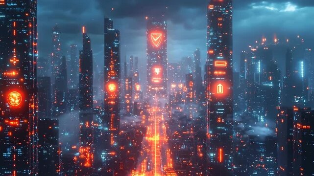 Mesmerizing Futuristic Cityscape at Night with Towering Skyscrapers and Glowing Lights