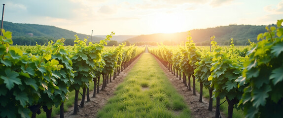 Naklejka premium Photo Realistic Top View of a Vineyard with Automated Pruning Systems: A Double Exposure Concept for Smart Vineyard Management and Efficient Vine Care with Copy Space