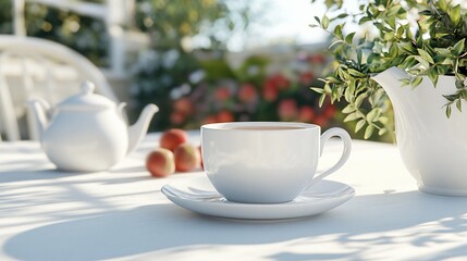 Fototapeta premium Elegant tea time arrangement with white china and fresh garden backdrop