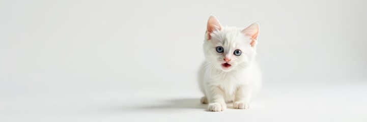 Obraz premium Playful white kitten with bright blue eyes on white backdrop, background, kitten, fluffy
