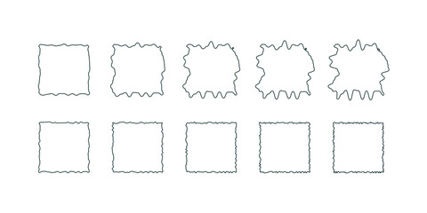 Doodle rectangle frame set with wavy curves, textured sketch borders, deformed outline rectangle shapes, hand drawn abstract frame vector collection