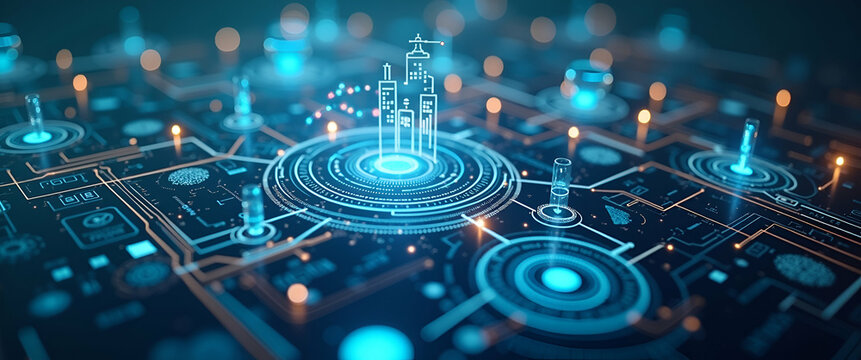 Photo realistic overhead view of a business hub with IoT tech devices overlay, symbolizing IoT-driven innovation in a double exposure style with copy space.