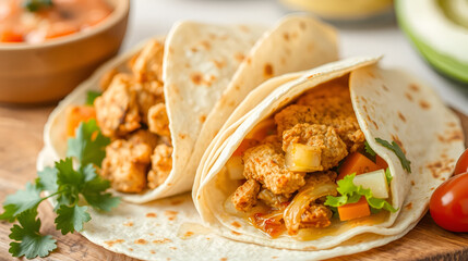 Tortilla wrap with fried chicken meat and vegetables