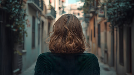 Solitude in a Narrow Street: A solitary woman, with her back turned towards the camera, walks down a narrow, cobblestone street, surrounded by towering buildings.