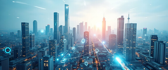 Obraz premium Photo Realistic Top View of a City with Urban Sensors: Double Exposure Concept for Smart Monitoring and Real-Time Data Collection with Copy Space for Custom Text