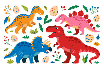Cute cartoon dinosaurs including a T-Rex, Triceratops, Stegosaurus, and long-neck dinosaur with eggs and tropical foliage. Playful prehistoric scene.