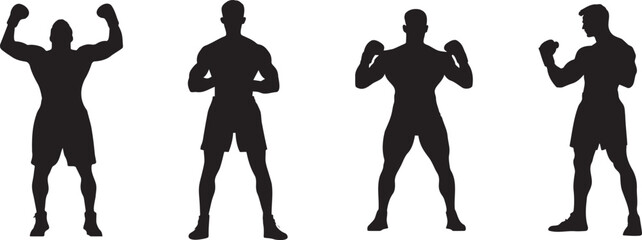 Set of four male boxer silhouettes in different fighting and victory poses on white background