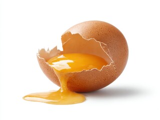 Cracked egg with yolk flowing out on a plain white surface isolated on white background