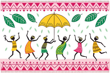 Festive Dancing Figures Under Umbrella – Vibrant Celebration Scene