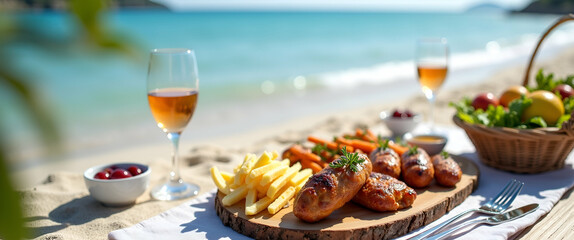 Naklejka premium Elevate Your Beach Picnic: Outdoor Dining Setups & Gourmet Spreads for Relaxed Elegance by the Sea - Photo Stock Concept with Empty Space