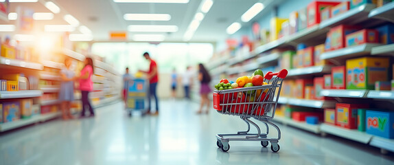 Obraz premium Photo Realistic Double Exposure of Individual with Toy Store and Shopping Cart: Symbolizing American Toy Shopping Habits with Copy Space for Custom Text