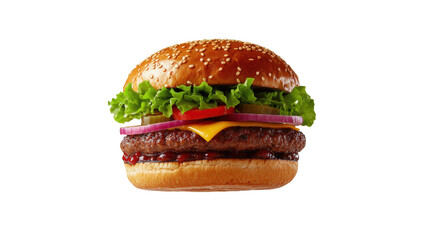 Delicious burger with floating ingredients on white