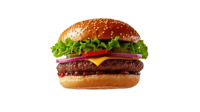 Delicious burger with floating ingredients on white