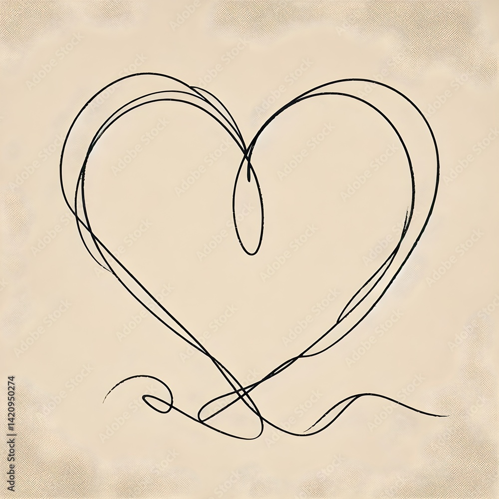 Poster elegant heart shape formed by continuous black line drawing on beige canvas with clean and modern mi