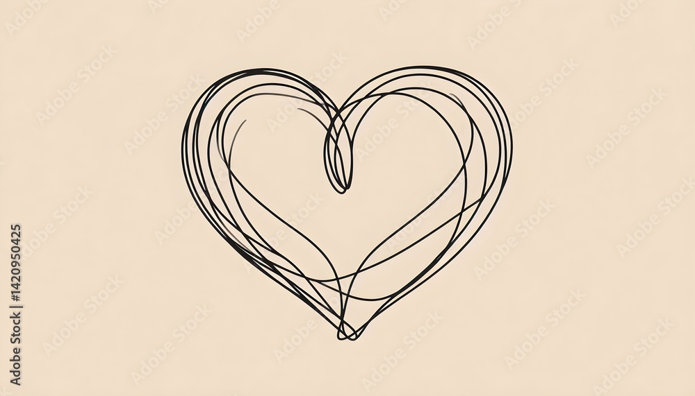 Poster simple continuous line drawing forming a heart symbol on beige canvas in modern and minimalist art e
