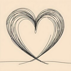 Graceful heart shape made with black ink line on beige canvas showing modern minimalism and emotional elegance