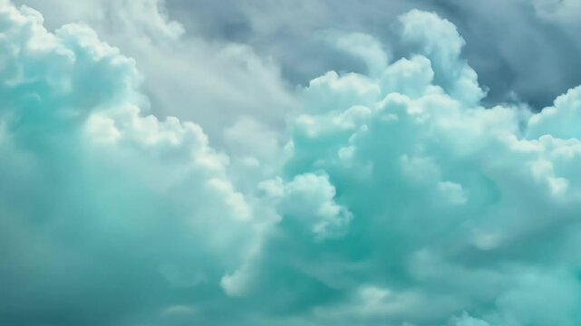 Serene pan left video of pastel blue and mint green gas clouds merging, with soft ambient light and pastel tones