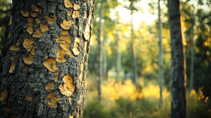 Fototapeta premium Sunlit forest with close-up of patterned tree bark adding texture and depth