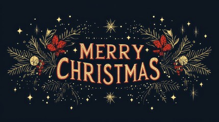 Festive merry christmas design with floral accents and stars