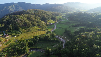 Aerial view of the countryside with vast rice fields at the Malino tourist attraction