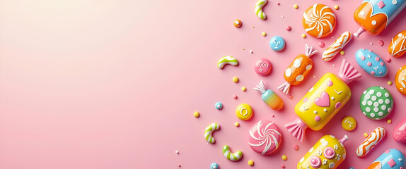 Obraz premium Colorful Candy Illustration: Playful Designs & Vibrant Hues for Confectionery Branding - Perfect for Advertisements with Empty Space on Left Side