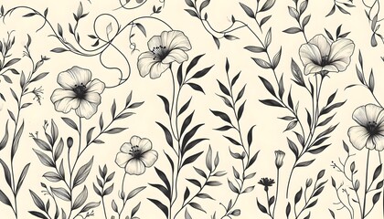 Modern botanical line art of hand-drawn flowers and vines in black ink on soft cream tone background for minimalist design