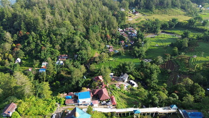 Aerial view of the countryside with vast rice fields at the Malino tourist attraction