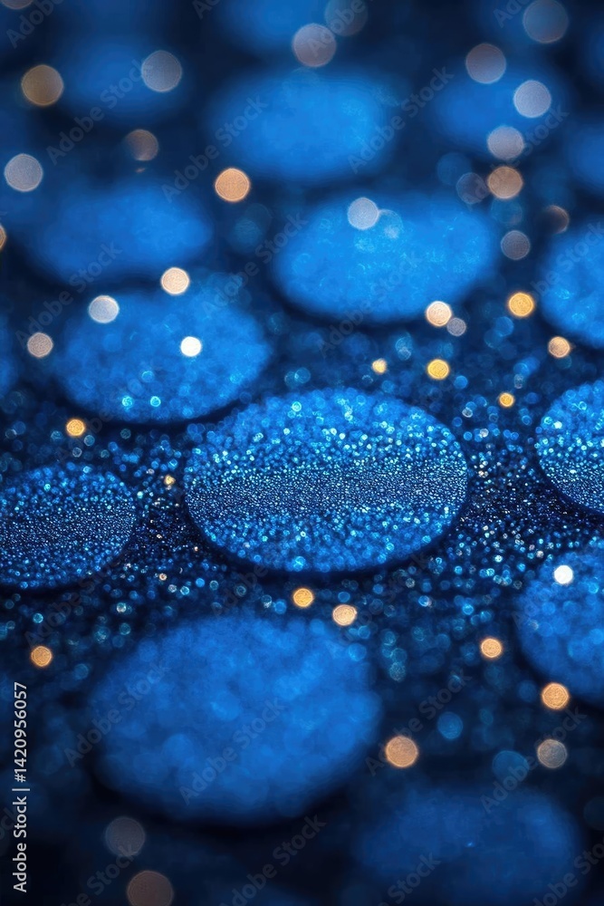 Poster close-up of shimmering blue glitter circles with bokeh lights creating a magical atmosphere