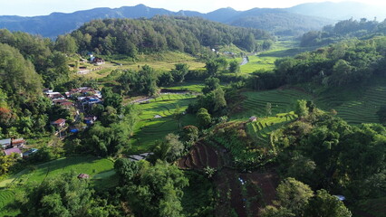 Aerial view of the countryside with vast rice fields at the Malino tourist attraction