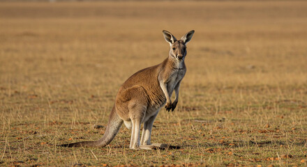 Kangaroo Standing in Grassy Field Looking Forward