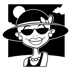 Beautiful Woman cartoon characters wearing hat, sunglasses, pearl earrings and necklace at the beach. Best for sticker, logo, and mascot with summer themes