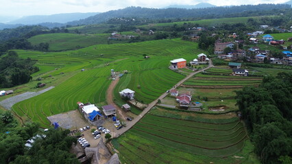 Aerial view of the countryside with vast rice fields at the Malino tourist attraction