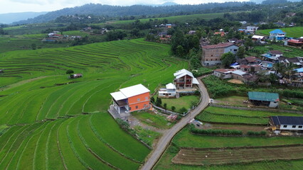 Aerial view of the countryside with vast rice fields at the Malino tourist attraction