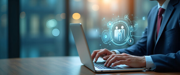 Outsourcing concept with businessman using laptop displaying outsourcing icon representing human resources and global recruitment for business operations and company growth. concept as Businessman use