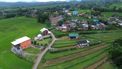 Aerial view of the countryside with vast rice fields at the Malino tourist attraction