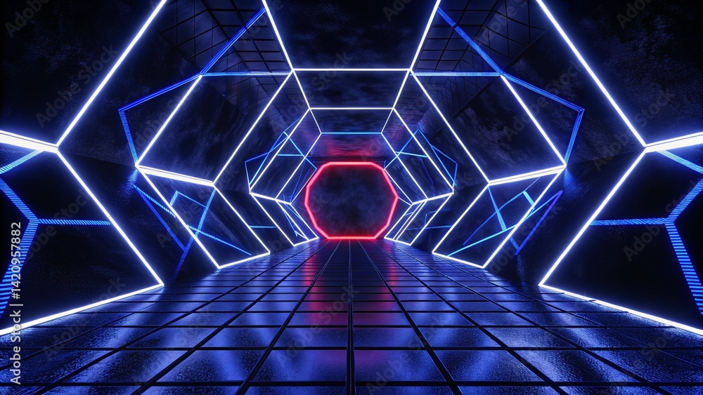 Aufkleber 3d abstract technology glowing neon fast speed light background, empty space scene, reflection floor