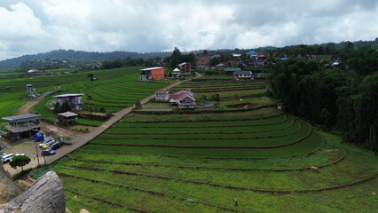 Aerial view of the countryside with vast rice fields at the Malino tourist attraction