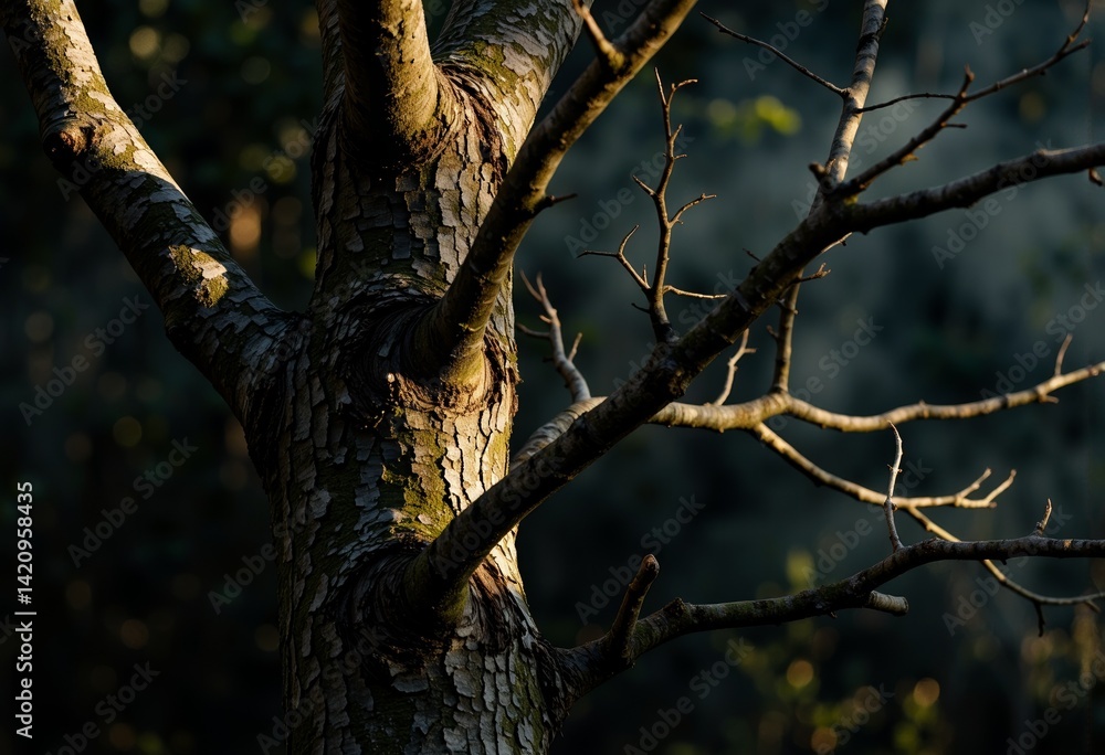 Aufkleber tree branches illuminated by soft light in a dark forest
