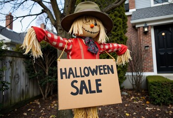 Scarecrow promoting Halloween sale in residential yard  