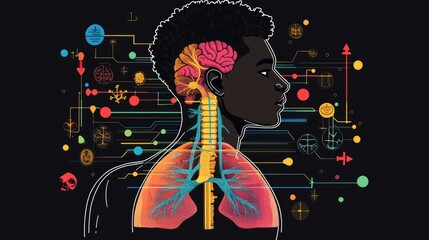 Human anatomy, brain and respiratory system, graphic illustration